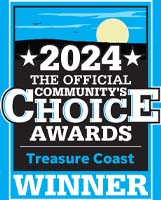 2024 Official Communitys Choice Awards logo with Treasure Coast WINNER in bold letters, a sun over water in the background, and black, white, and blue colors.