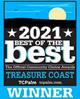 2021 Best of the Best Treasure Coast winner badge with sun, water, and sky illustration, awarded by TCPalm Community Choice Awards.