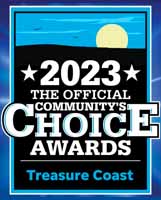 2023 The Official Communitys Choice Awards logo for Treasure Coast, with a sun setting over hills in the background.