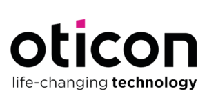 Oticon logo with the tagline life-changing technology. The dot above the letter i in Oticon is pink, while the rest of the text is black on a white background.