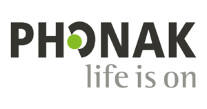 Phonak logo with PHONAK in bold black letters, a green dot inside the O, and the slogan life is on in gray lowercase text below.