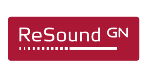 ReSound GN logo with white text and a series of dots and a line on a red rectangular background.