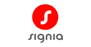 Red circle with a white stylized S inside, above the gray word signia in lowercase letters on a white background.