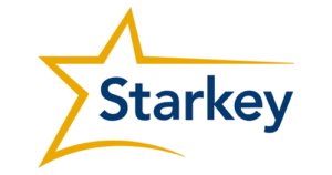 Starkey logo with a yellow outline of a star to the left of the blue word Starkey on a white background.