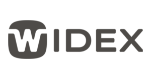 Widex logo featuring a stylized W inside a rounded square, followed by the word WIDEX in bold, modern lettering.